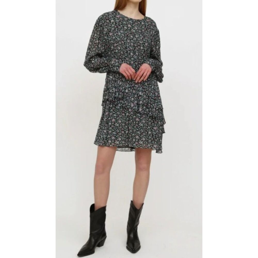 Isabel Marant Etoile Java Dress Black Floral Boho Mini Chiffon French Girl EU 38